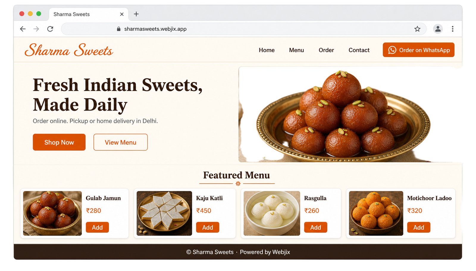 Webjix desktop website mockup for Sharma Sweets