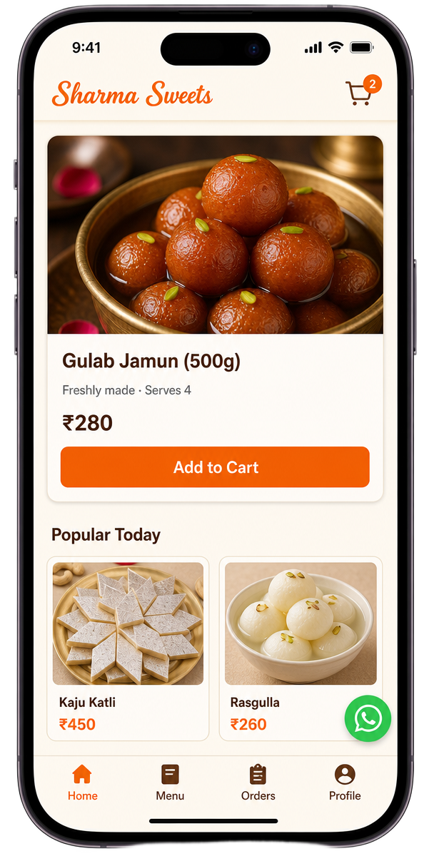 Webjix mobile webapp mockup for Sharma Sweets